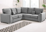 Gray sectional sofa in a living room with a patterned rug and plants.