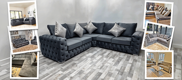 Gray sectional sofa with decorative pillows on a checkered floor, surrounded by smaller images of the sofa in different settings.