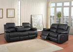 Black leather recliner sofa set in a living room with large windows.
