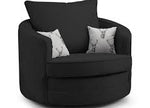 Black armchair with two decorative pillows on a white background